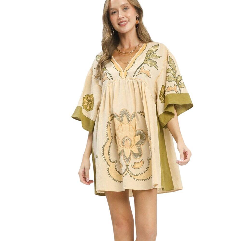 Umgee NWT Boutique Boho Mini Babydoll Dress Fall Floral SZ M - Picture 2 of 5